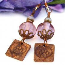 "Paw Prints On the Heart" - Dog Rescue Earrings, Handmade Copper Paw Prints Hearts, Amethyst Lampwork Jewelry