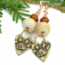 Paw Prints on the Heart" - Bronze Dog Paw Print Handmade Earrings, Ivory Lampwork Artisan Jewelry