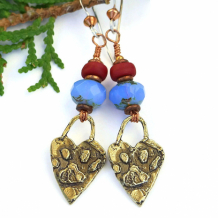 PAW PRINTS ON THE HEART - Rustic Dog Rescue Heart Paw Print Earrings, Gold Bronze Blue Opal Red Handmade Jewelry