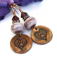 "Paws for a Cause" - Dog Rescue Paw Print and Heart Earrings, Handmade Lampwork and Crystal Artisan Jewelry