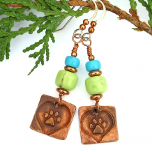 "Paws for a Cause" - Dog Rescue Artisan Earrings, Magnesite Turquoise Handmade Copper Jewelry