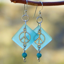 PEACEFULNESS - Peace Sign Frosted Glass Handmade Earrings, Turquoise Sterling Jewelry