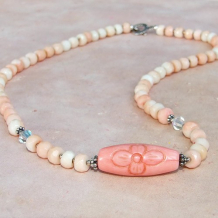 POSEIDON'S FLOWERS - Peach Bamboo Coral Handmade Necklace, Carved Flower Gemstone Beaded