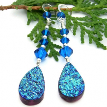 BRILLANTE - Peacock Blue Titanium Druzy Earrings. Handmade Gemstone Beaded Jewelry
