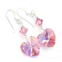 "Perfectly Pink - Pink Hearts Valentines Earrings, Sparkling Swarovski Crystal Handmade Beaded Dangle Jewelry