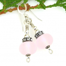"Pink Decadence" - Pink Sea Glass Lampwork and Crystals Earrings, Frosted Sterling Handmade Dangle Jewelry