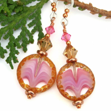 PINK WAVES - Pink Waves Earrings, Brown Swarovski Valentines Handmade Jewelry Gift