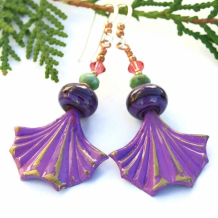 "Pretty in Purple" - Purple Brass Fan Lampwork Handmade Earrings, Swarovski Crystal Boho Dangle Jewelry