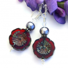"Pretty Pansies" - Red Pansy Czech Glass Handmade Earrings, Pearls, Artisan Flower Beaded Jewelry
