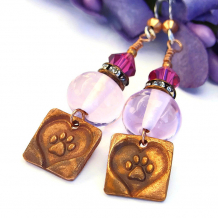 "Pretty Paws" - Artisan Handmade Dog Rescue Earrings with Pink Lampwork and Crystals