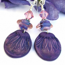 "Purple Coneflowers" - Purple Daisy Flower Earrings, Handmade Polymer Clay Lampwork Beaded Boho Jewelry