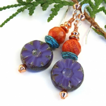 PURPLE POSIES - Purple Flower Handmade Earrings, Orange Coral Mykonos Boho Jewelry