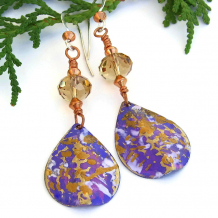 "Purple Spice" - Purple Gold Teardrop Artisan Earrings, Hand Painted Beaded Jewelry, Swarovski Crystals