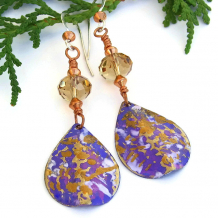 "Purple Spice" - Purple Gold Teardrop Artisan Earrings, Hand Painted Beaded Jewelry, Swarovski Crystals "Purple Spice" - Purple Gold Teardrop Artisan Earrings, Hand Painted Beaded Jewelry, Swarovski Crystals