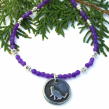 PURRFECT - Kitty Cat Pendant Necklace, Purple Agate Gemstone Pewter Handmade Rescue Jewelry for Women