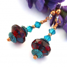 "Radiant in Ruby Red" - Ruby Red Valentines Earrings, Aqua Crystals Mykonos Handmade Artisan Beaded Jewelry