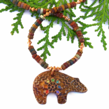 CHAKRA BEAR - Chakra Zuni Spirit Bear Necklace, Red Creek Jasper Rainbow Jewelry