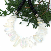 RAINBOW ELEGANCE - Rainbow Quartz Points Necklace, Black Agate Handmade Statement Jewelry