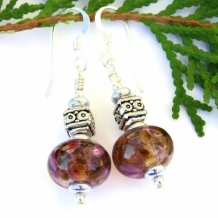 "Raspberries and Chocolate" - Pink and Brown Lampwork Earrings, Fancy Pewter Sterling Handmade Beaded Jewelry
