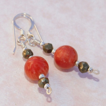 HEART OF MY HEART - Red Bamboo Coral and Pyrite Earrings, Handmade Gemstone Jewelry Dangle