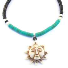 HERE COMES THE SUN - Carved Bone Sun Pendant Necklace, Turquoise Shell Jewelry