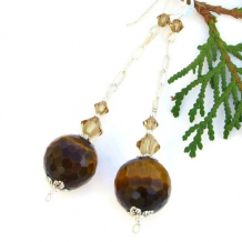 GOLDEN ELEGANCE - Golden Tigers Eye Handmade Earrings, Swarovski Gemstone OOAK