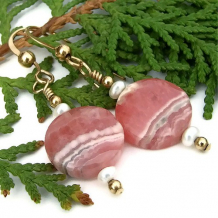 FOR THE PLEASURE OF PINK - Pink Rhodochrosite, Pearls and Gold Filled Handmade Earrings