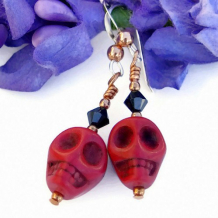 DAY OF THE DEAD - Red Skull Day of the Dead Handmade Earrings, Swarovski Copper