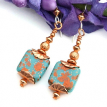 TAOS - Turquoise and Copper Czech Glass Earrings, Handmade Dangle Jewelry 