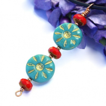 SOUTHWEST FLOWERS - Turquoise Czech Glass Flower Pendant, Handmade Red Copper