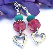 LOVE! - Valentines Heart Earrings Handmade Pink Lampwork Turquoise