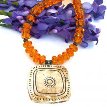 "Rising Sun" - Spiral Sun Rustic Pendant Necklace, Amber Polymer Clay Beaded Artisan Jewelry