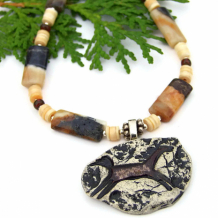 RUNNING FREE - Running Horse Petroglyph Necklace, Brown Amazonite Shell Ceramic Southwest Handmade Jewelry