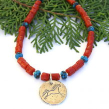 "Running Wild" - Sterling Horse Pendant Necklace, Vintage Red Coral, Turquoise, Handmade Jewelry