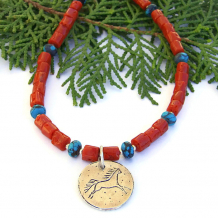 "Running Wild" - Sterling Horse Pendant Necklace, Vintage Red Coral, Turquoise, Handmade Jewelry "Running Wild" - Sterling Horse Pendant Necklace, Vintage Red Coral, Turquoise, Handmade Jewelry