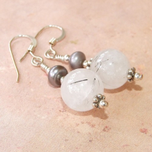 ENCANTO - Rutilated Snow Quartz Gray Pearls Gemstone Earrings, Handmade OOAK