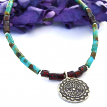"Sanctuary" - Thai Flower Pendant Necklace with Turquoise, Red Hematite Czech Beads Artisan Handmade Jewelry