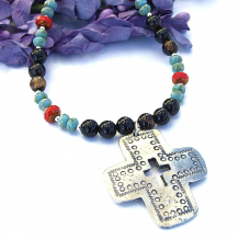 "Santa Fe Love" - Santa Fe Cross Necklace Black Agate Turquoise Red Handmade Southwest