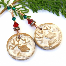 "Santa's Games" - Reindeer Christmas Earrings, Rustic Stoneware and Swarovski Crystal Handmade Jewelry