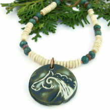 SAIORSE - Handmade Celtic Horse Pendant Necklace, Bone Emeralds Artisan Jewelry