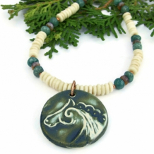 SAOIRSE - Handmade Celtic Horse Pendant Necklace, Bone Emeralds Artisan Jewelry