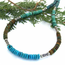 Sedona - Southwest Turquoise Necklace in Four Colors, Bali Silver Snake Tubes Handmade Gemstone Jewelry