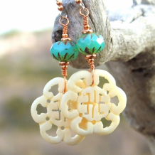 SERENADE OF THE ORIENT - Carved Bone Asian Symbol Handmade Earrings, Turquoise Opal  Artisan Jewelry