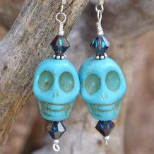 SPARKLY SKULLS - Skull Day of the Dead Earrings, Handmade Turquoise Magnesite Swarovski Jewelry