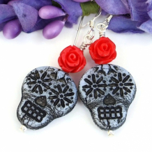 SKULLS AND ROSES - Sugar Skulls and Red Roses Earrings, Day of the Dead Halloween Jewelry