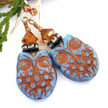 SKY BLUE HOOTIES - Sky Blue Owl Earrings, Chili Pepper Swarovski Crystal Handmade Jewelry