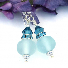 "Softly Sapphire" - Frosted Aqua Blue Lampwork Earrings, Crystals Handmade Artisan Dangle Jewelry