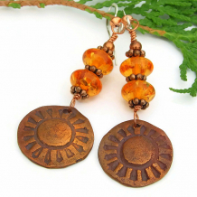 "Sol" - Copper Sun and Amber Handmade Earrings, Unique Beaded Artisan Jewelry