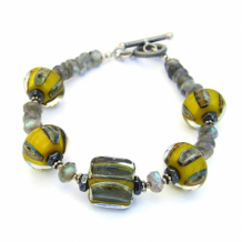 SOLAR FLARE - Yellow and Gray Lampwork Boro Glass Bracelet, Labradorite Hematite Handmade Jewelry