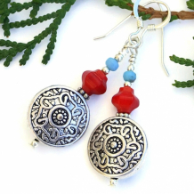"Southwest Floral" - Southwest Floral Handmade Earrings, Artisan Red Coral Blue Czech Glass Beaded Jewelry